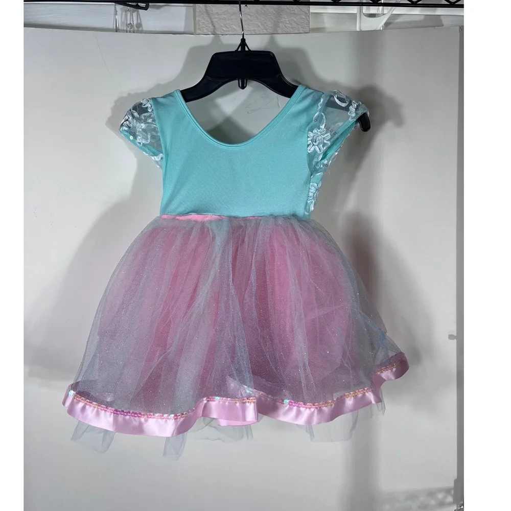 Girls Aqua Pink‎ Sequin Tutu Dance Leotard Dress Flower Detail Size CSM E938